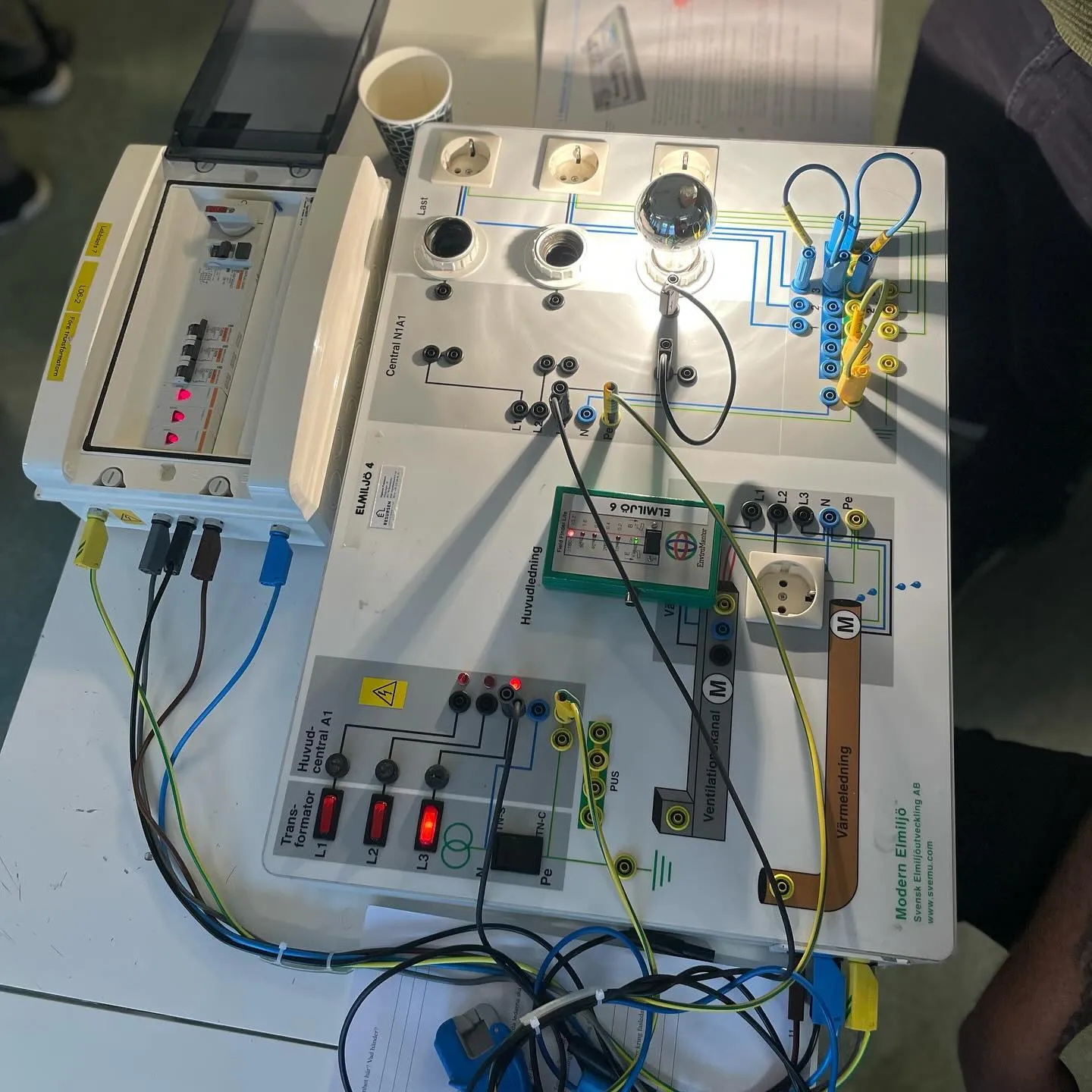 En familj som diskuterar säker elmiljö i hemmet, omgivna av elektriska apparater och säkerhetsartiklar för att förebygga olyckor.